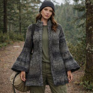 Prana Wool blend Striped Knit Bell Sleeve Duster Sweater Earth Tones Small